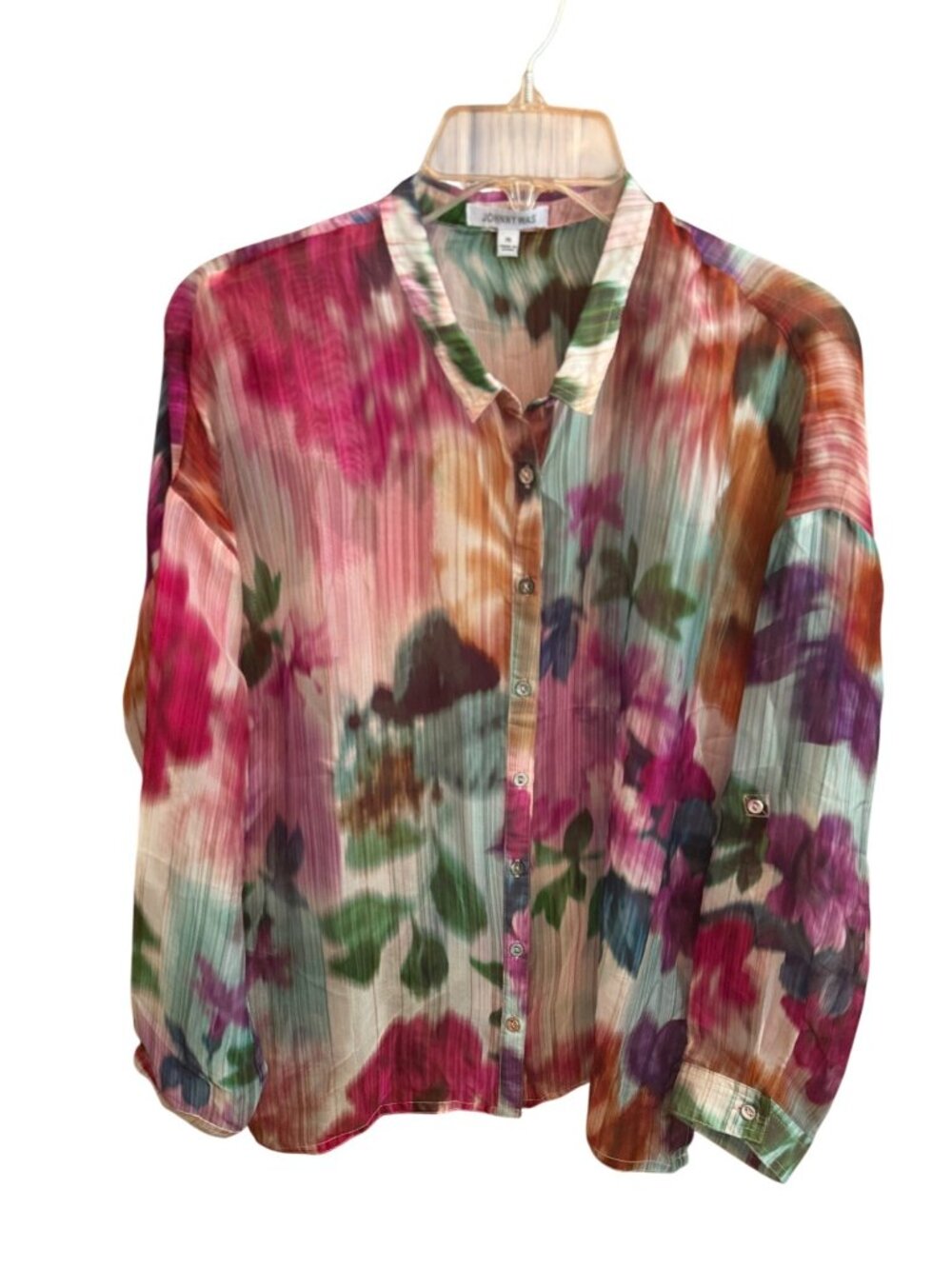 Johnny Was XS Multicolor Floral Button-Up Blouse With Long Sleeves & Cuffed Deta